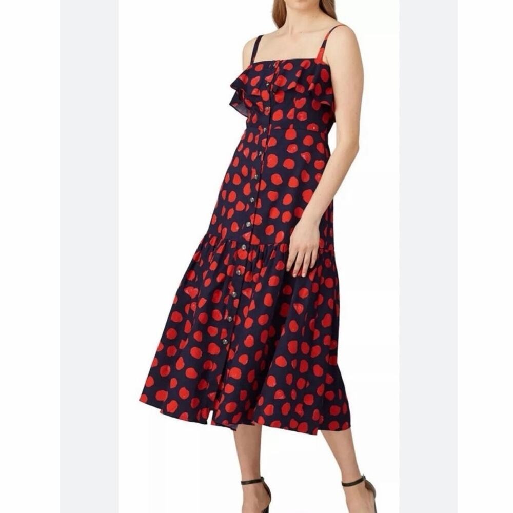 Borgo De Nor Florence Navy Blue Red Polka Dot Ruffle Midi Dress Size 10 Cotton